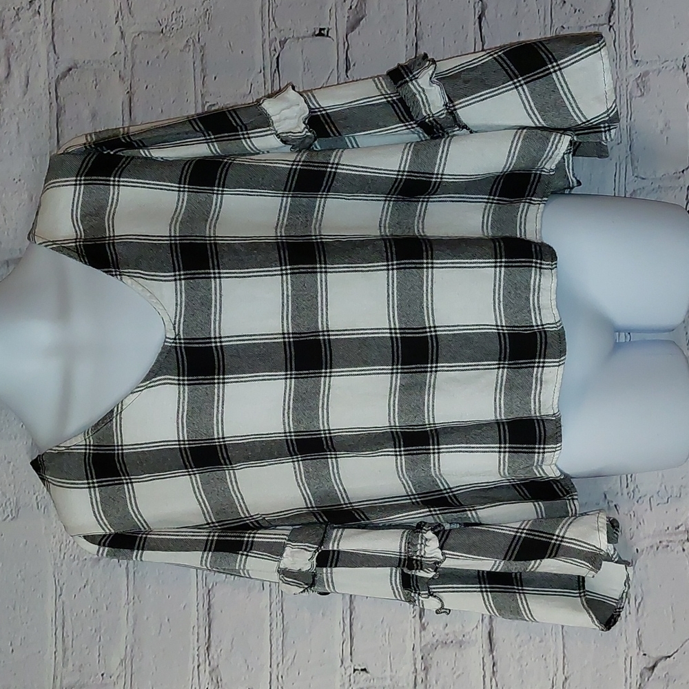 Dizzy Lizzy Buffalo Check Black White Plaid Ruffle Peplum Top L Large
